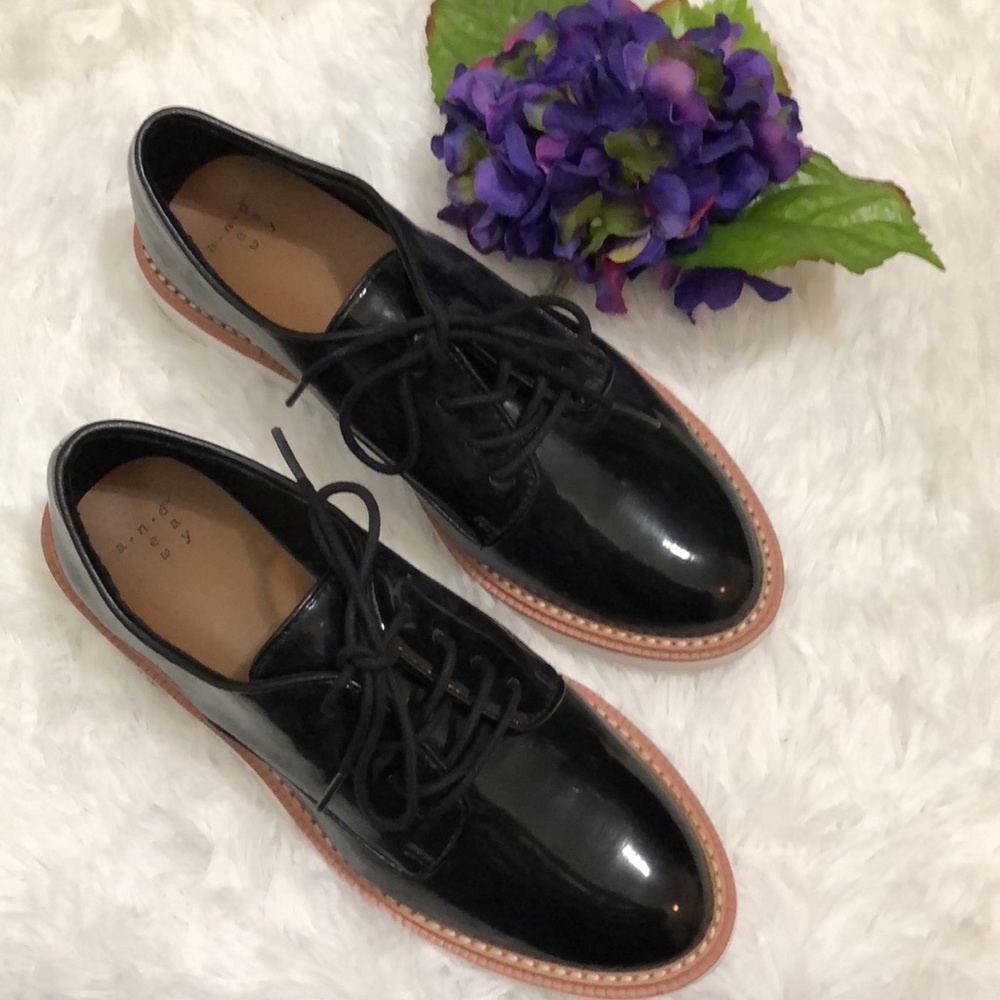a new day Black Patent Lace-Up Flats with Tan Trim